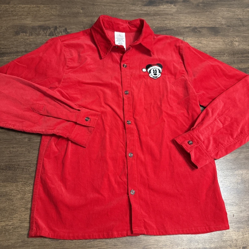 Disney Boys Girls Red Embroidered Mickey Mouse Santa Hat Corduroy Shirt Sz 13